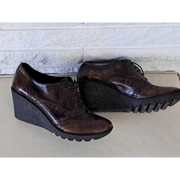 Sesto Meucci Women's 8.5 Wingtip Brown Leather Lace-Up Wedge Shoes Brogue - Picture 3 of 13